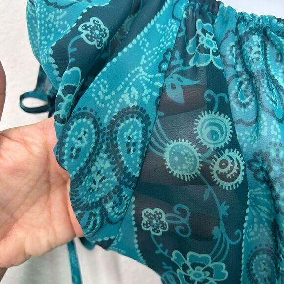 Cinema Etoile Vintage Blue Hipster Y2K Paisley Semi Sheer Ruffle Dress Size L - Picture 6 of 14
